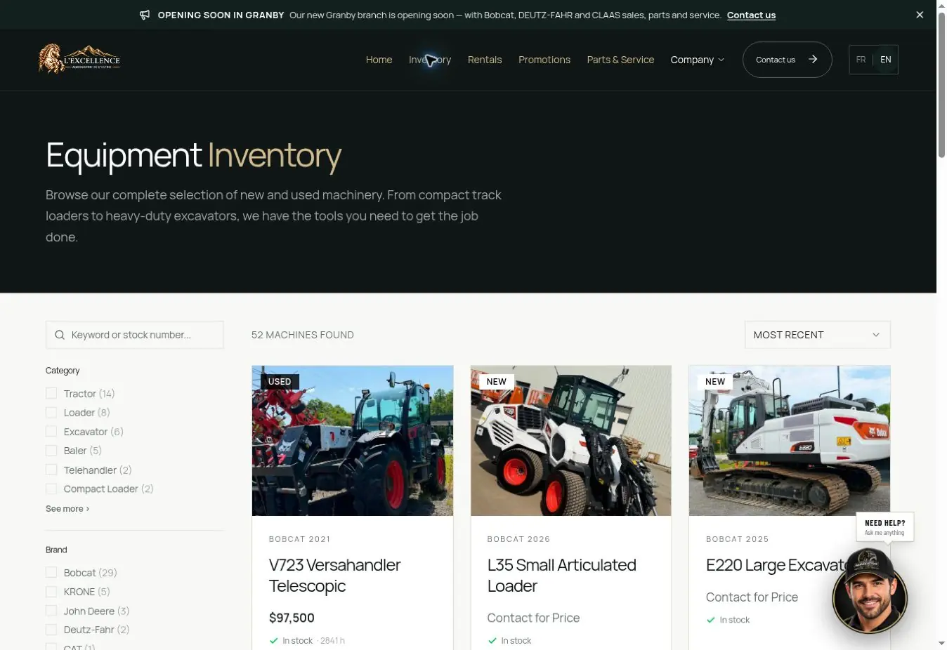 Equipment inventory page on the dealership website